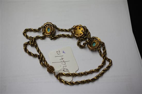 A Victorian twin strand gold, turquoise and ruby choker necklace, 14in.